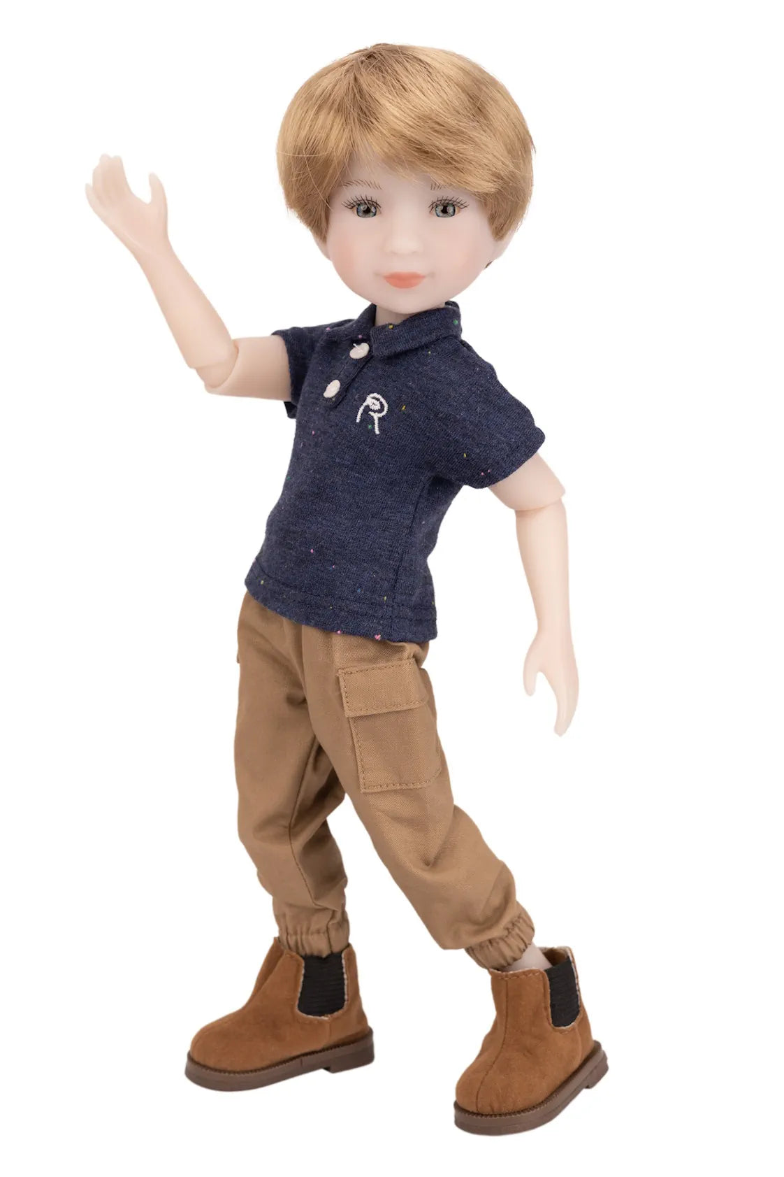 Doll wearing a navy blue polo shirt with a logo, beige pants, and brown boots on a white background