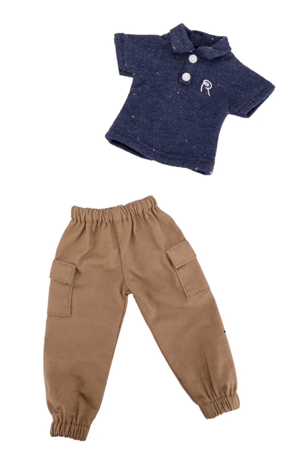 Navy blue shirt with white buttons and brown pants on a white background