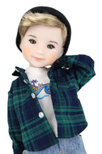Alex wearing a green plaid jacket on a white background
