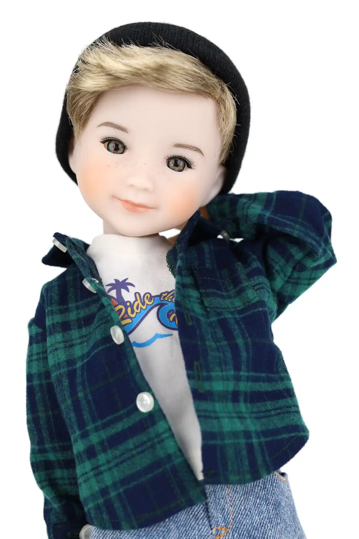 Alex wearing a green plaid jacket on a white background