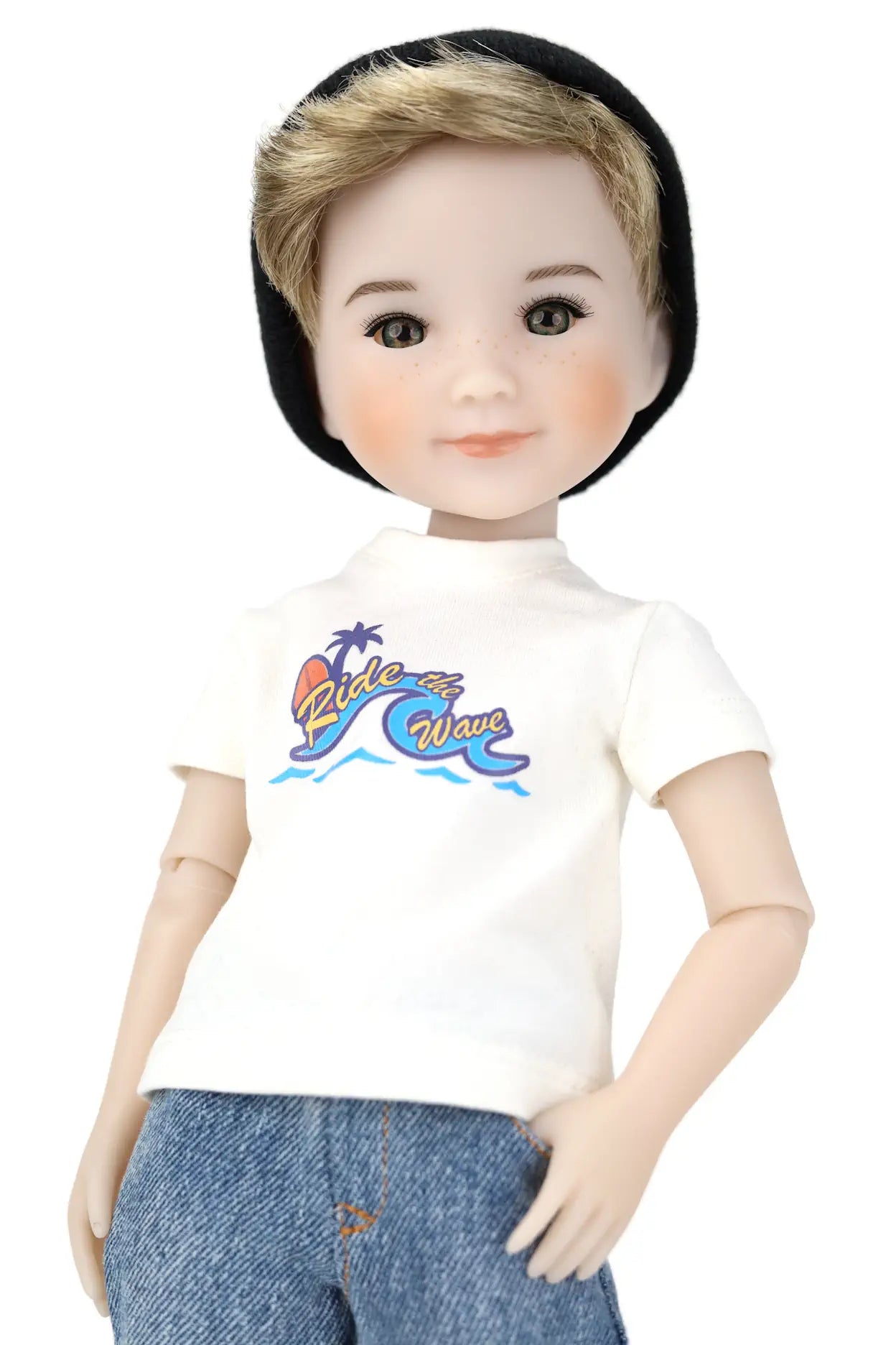 Alex wearing a white t-shirt with a colorful graphic design on a white background