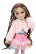 Ella wearing a pink outfit with a fur coat on a white background