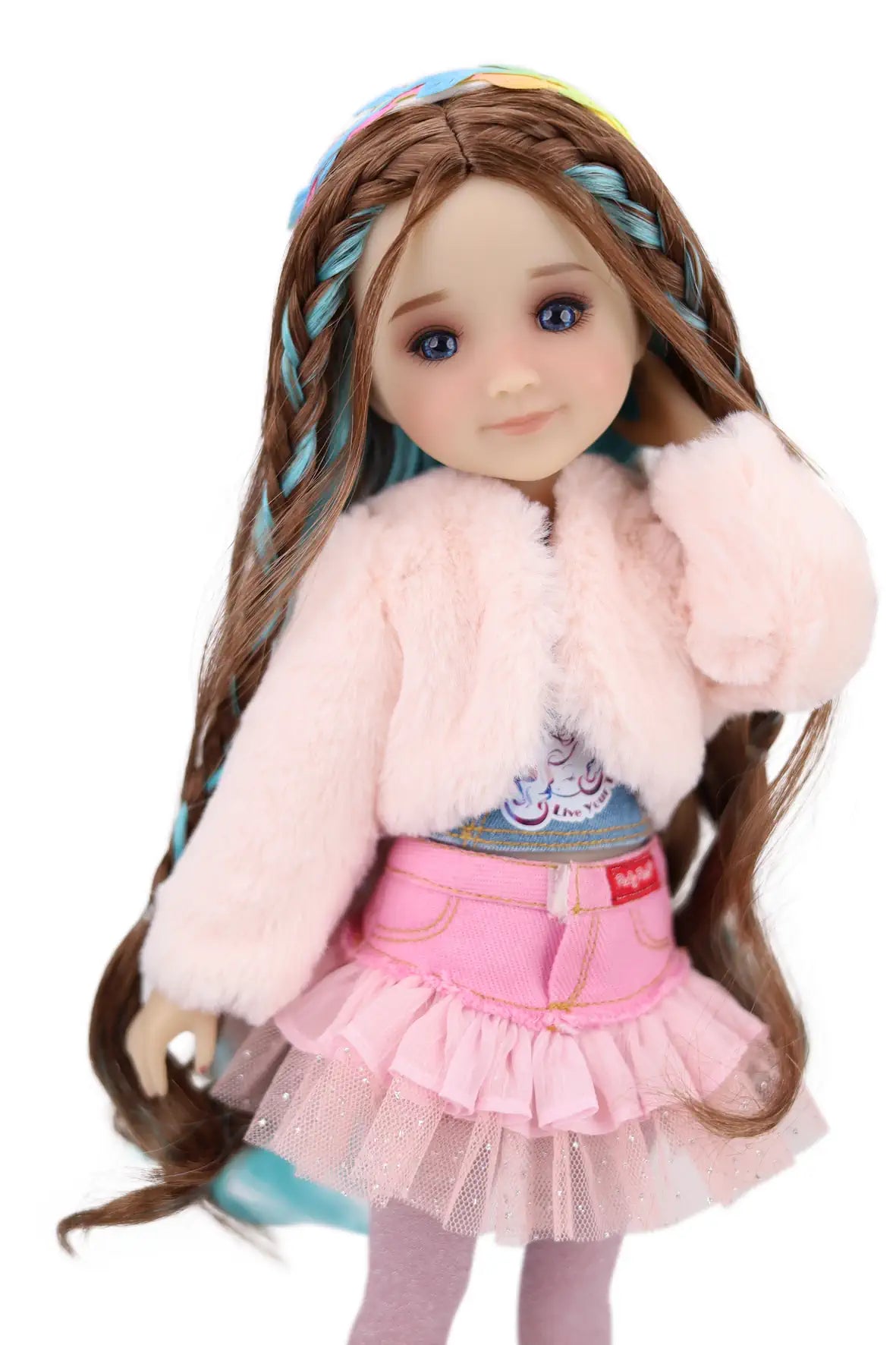 Ella wearing a pink outfit with a fur coat on a white background