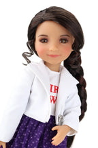 Freida wearing a white coat with text and a purple outfit on a white background