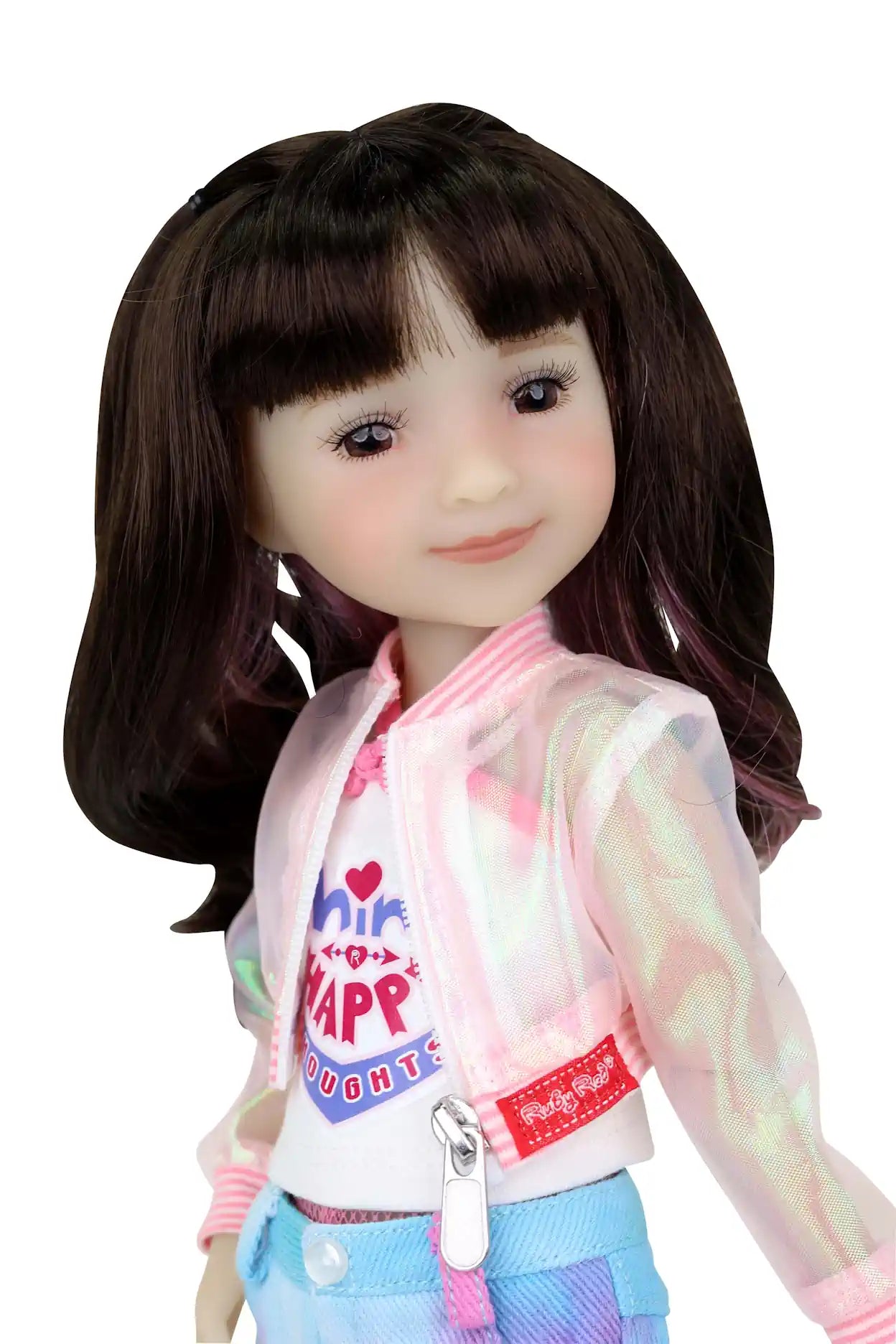 Hanna, long brown hair with pink highlights in a sheer pink jacket, white tank, and tie-dye shorts.