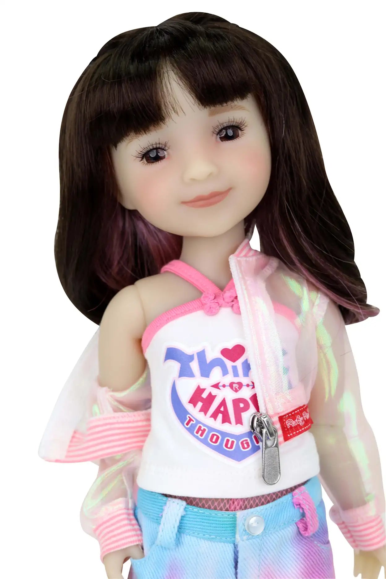 Hanna, long brown hair with pink highlights in a sheer pink jacket, white tank, and tie-dye shorts.