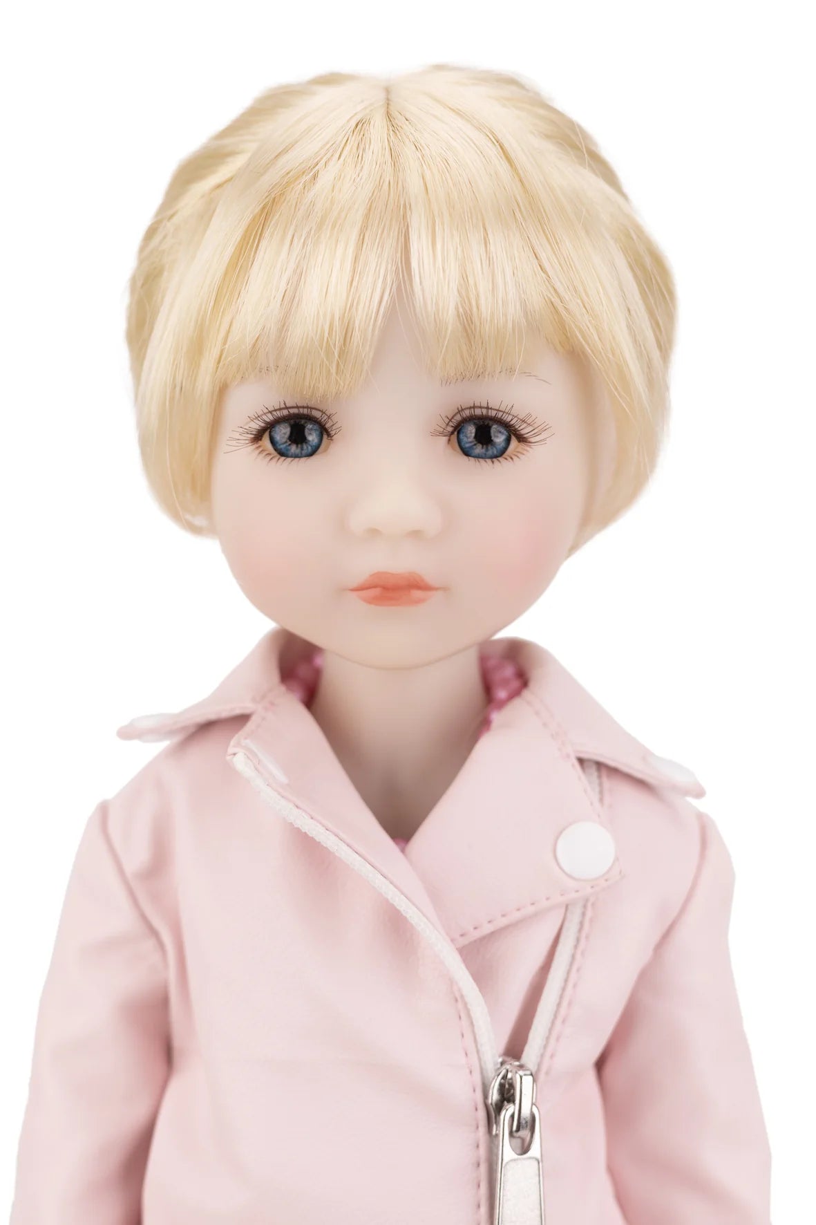Karina with blonde hair and pink coat on a white background