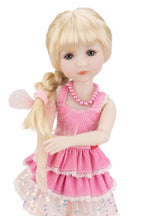 Karina with blonde hair and a pink dress on a white background