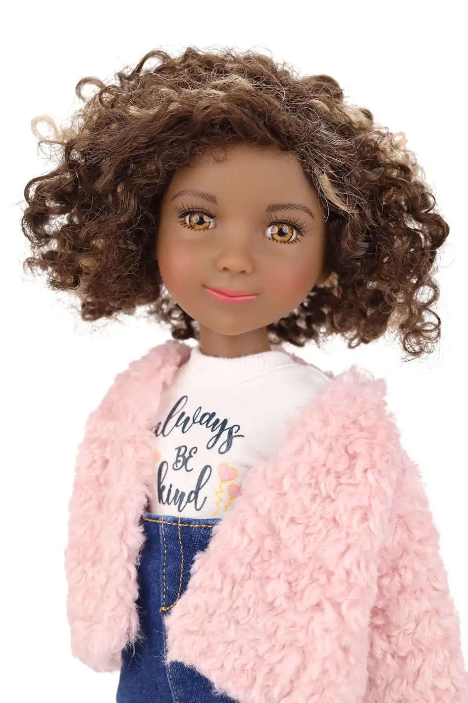 Maya wearing a pink jacket over a white shirt with text, on a white background
