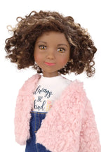 Maya wearing a pink jacket over a white shirt with text, on a white background