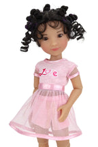 Minnie wearing a pink dress with 'Love' printed on it against a white background