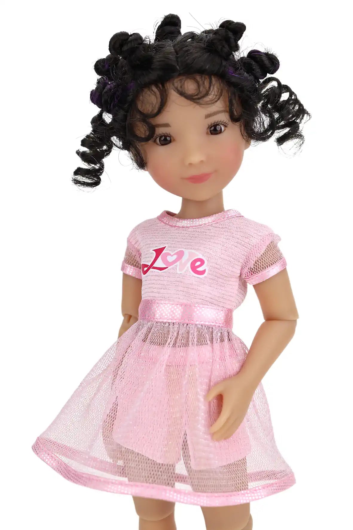 Minnie wearing a pink dress with 'Love' printed on it against a white background