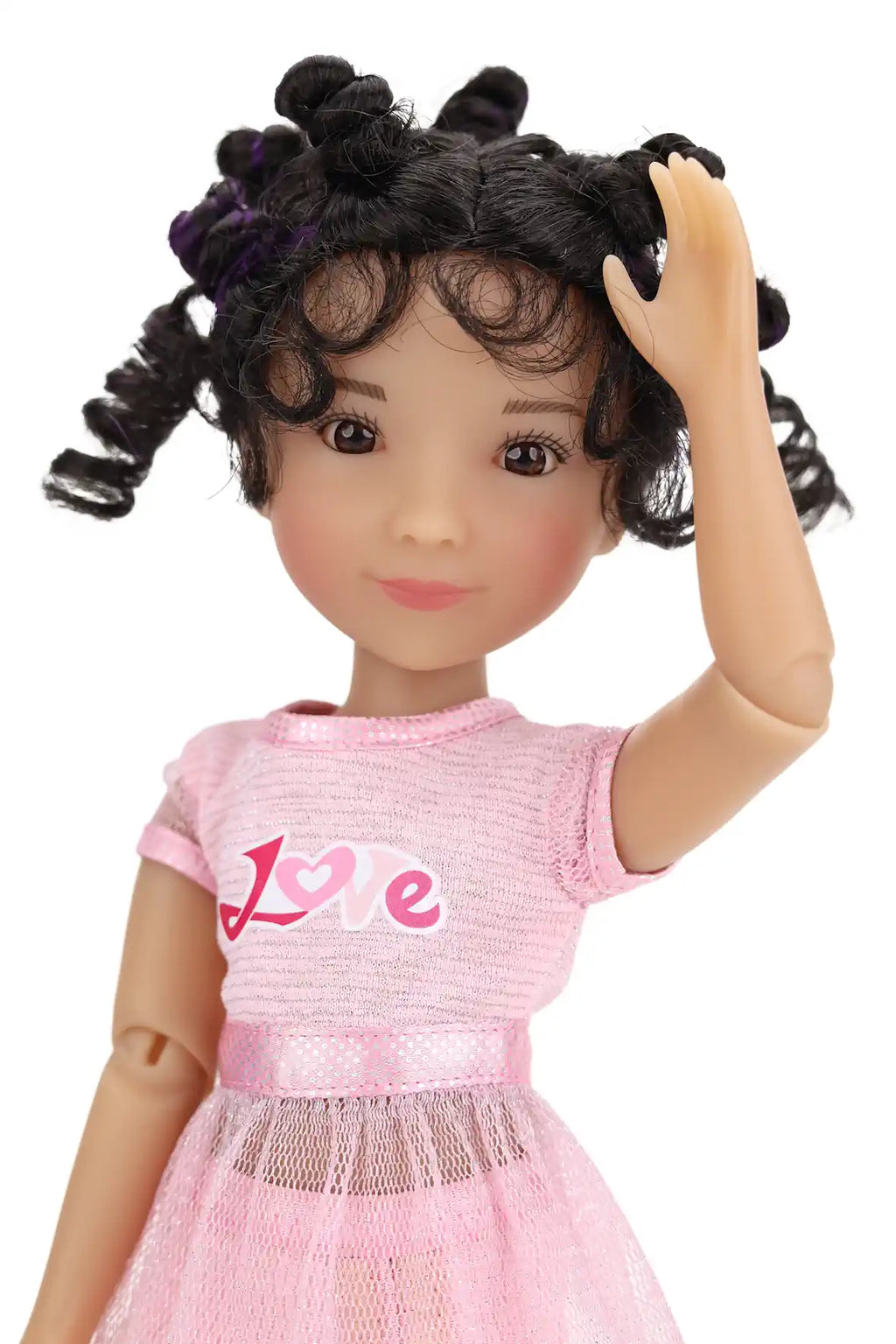 Minnie with curly hair wearing a pink dress with 'Love' printed on it against a white background