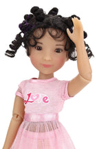 Minnie with curly hair wearing a pink dress with 'Love' printed on it against a white background