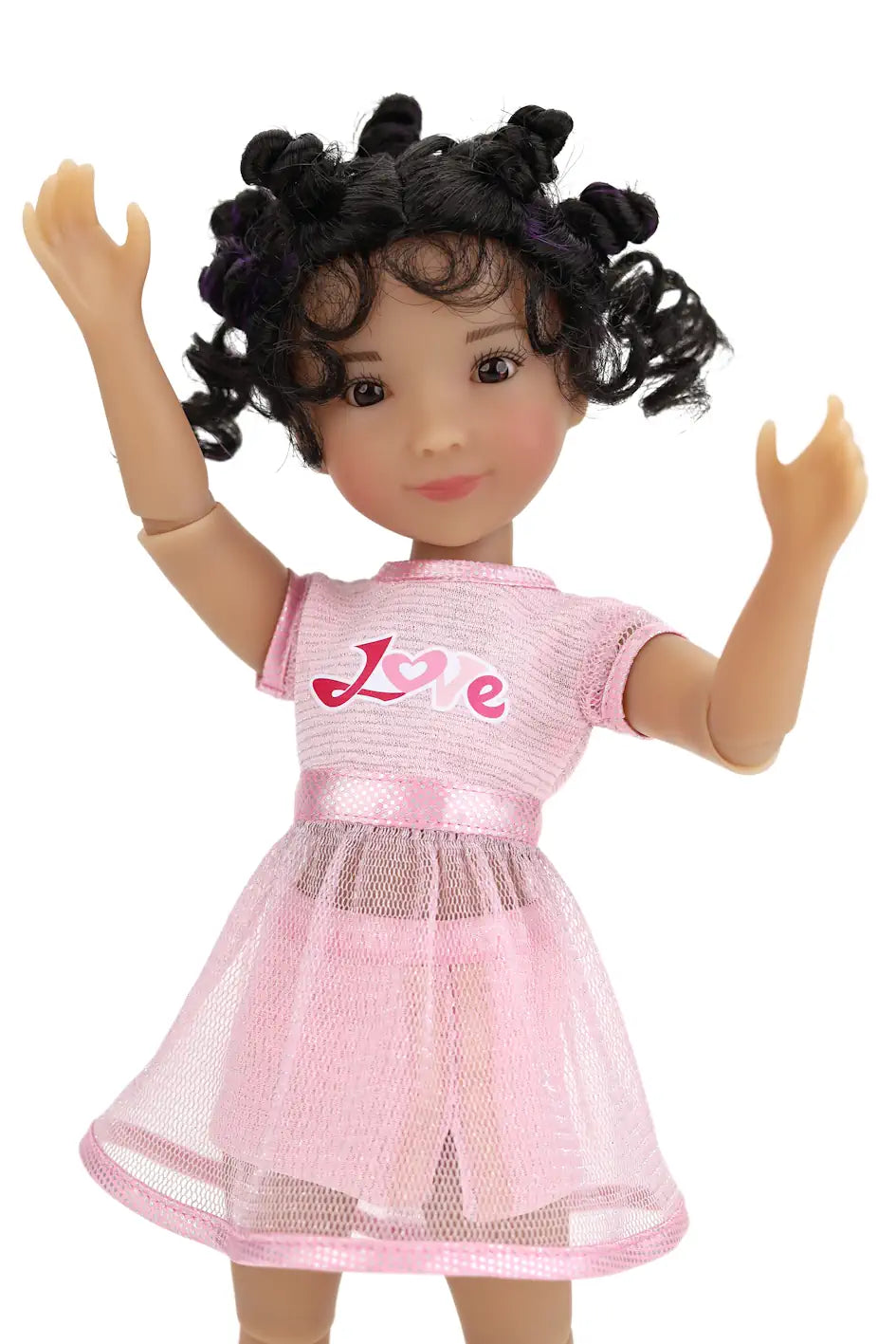 Minnie wearing a pink dress with 'Love' printed on it against a white background
