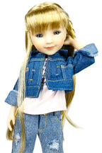 Sara wearing a denim outfit on a white background