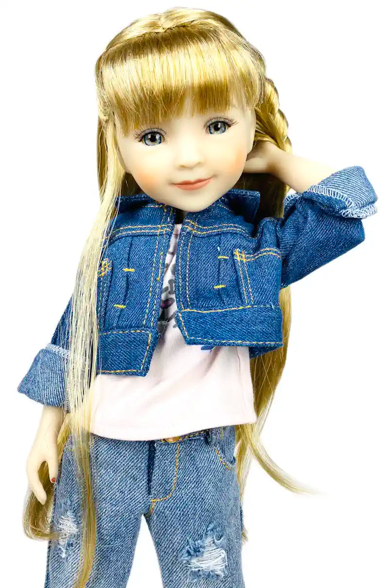 Sara wearing a denim outfit on a white background