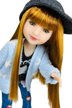 Stella with long brown hair wearing a gray hat, light blue jacket, and jeans on a white background