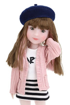 Sunny wearing a pink jacket, white shirt with black text, striped skirt, and blue beret on a white background