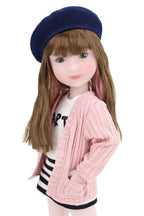Sunny wearing a navy beret, pink cardigan, and striped outfit on a white background