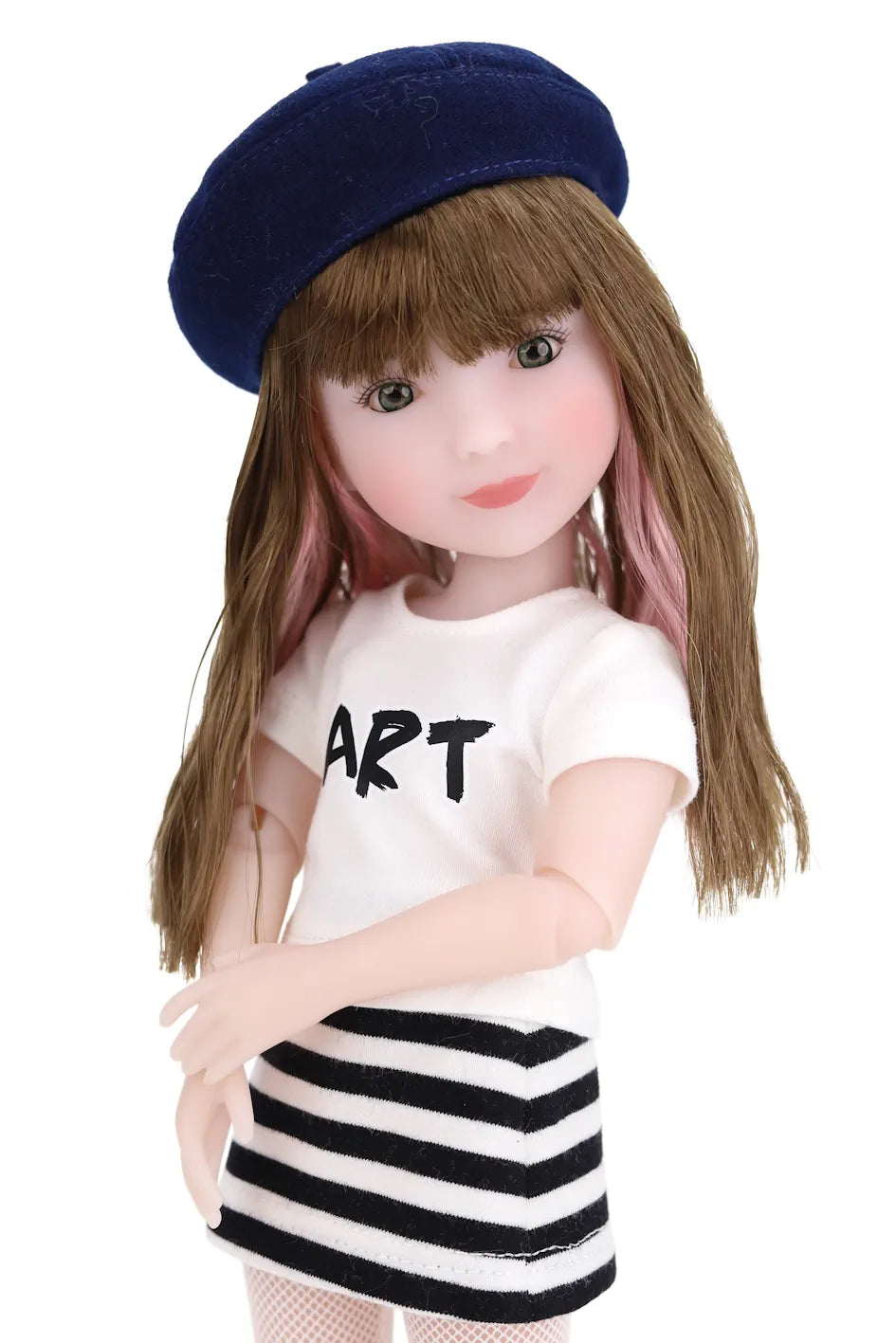 Sunny wearing a navy beret, white shirt with 'ART' text, and black and white striped skirt on a white background