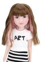 Sunny with long brown and pink hair wearing a white shirt with 'ART' printed on it and a black and white striped skirt.