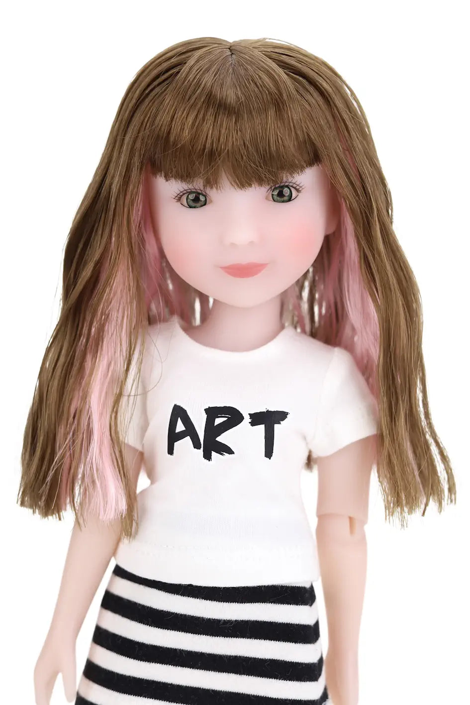 Sunny with long brown and pink hair wearing a white shirt with 'ART' printed on it and a black and white striped skirt.