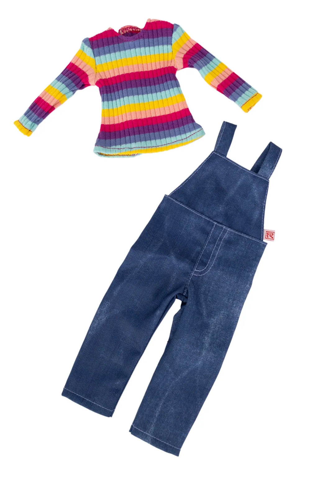 Colorful striped shirt and blue overalls on a white background