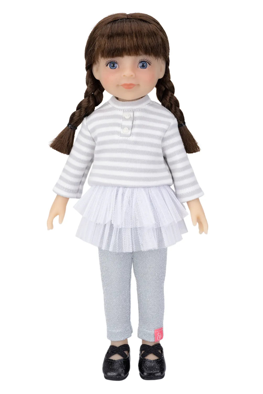 Doll wearing a striped shirt, white skirt, gray pants, and black shoes on a white background