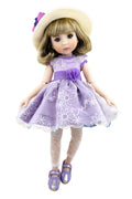 Doll in a purple dress with floral details and a matching hat on a white background