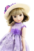 Doll wearing a purple dress with floral details and a matching hat on a white background