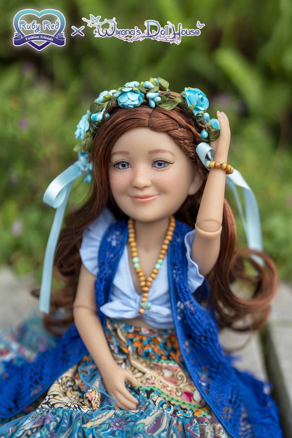 Doll with floral headpiece and colorful outfit in a natural setting