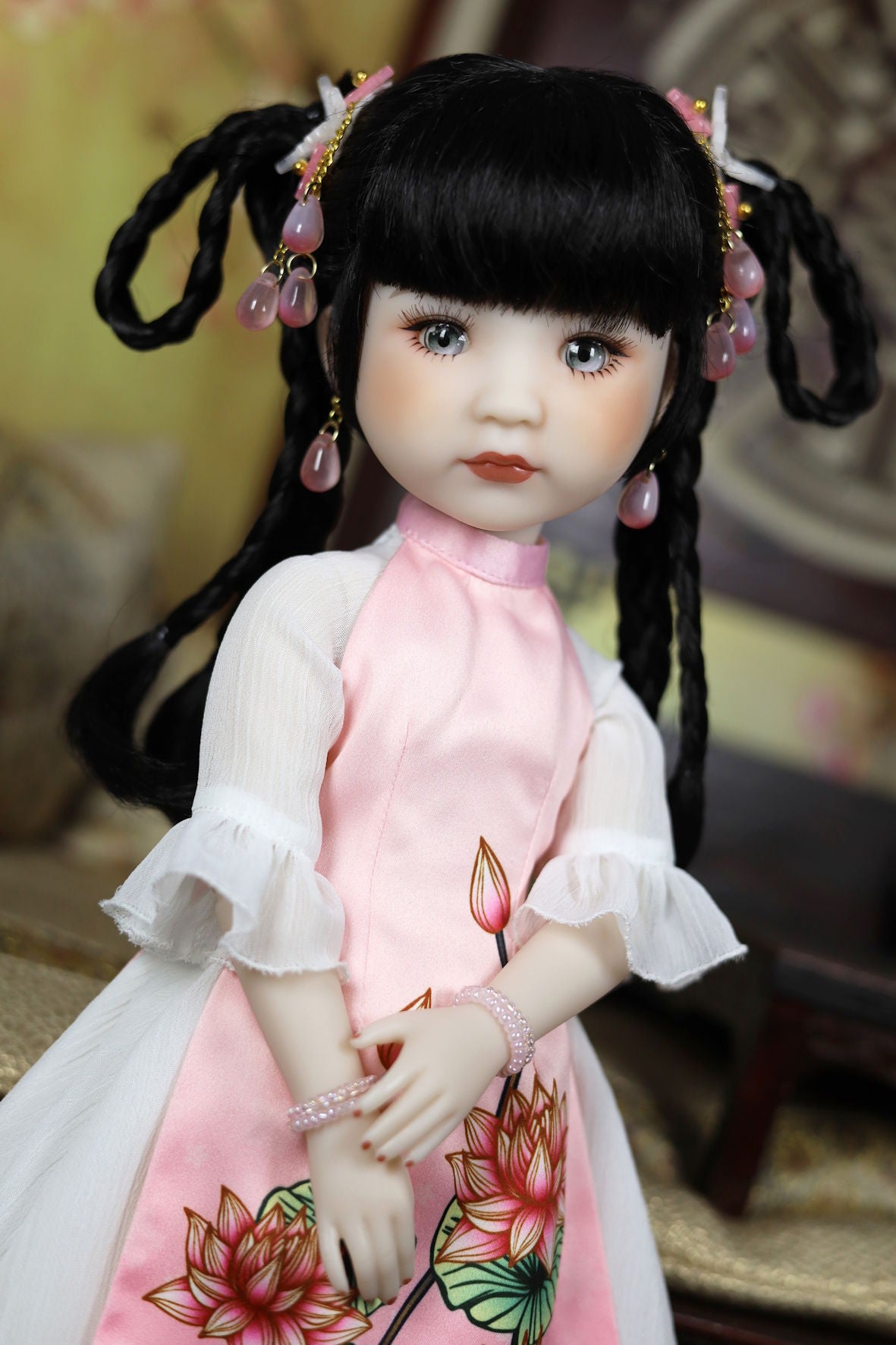 Doll with traditional attire and hair accessories