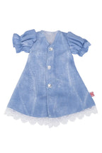 Blue dress with lace trim on a white background
