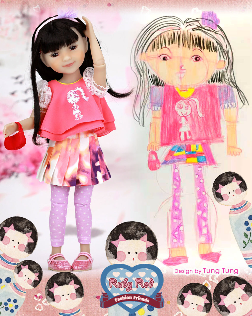 Doll with pink outfit and accessories, standing next to a drawing of the same doll.