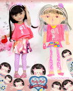 Doll with pink outfit and accessories, standing next to a drawing of the same doll.