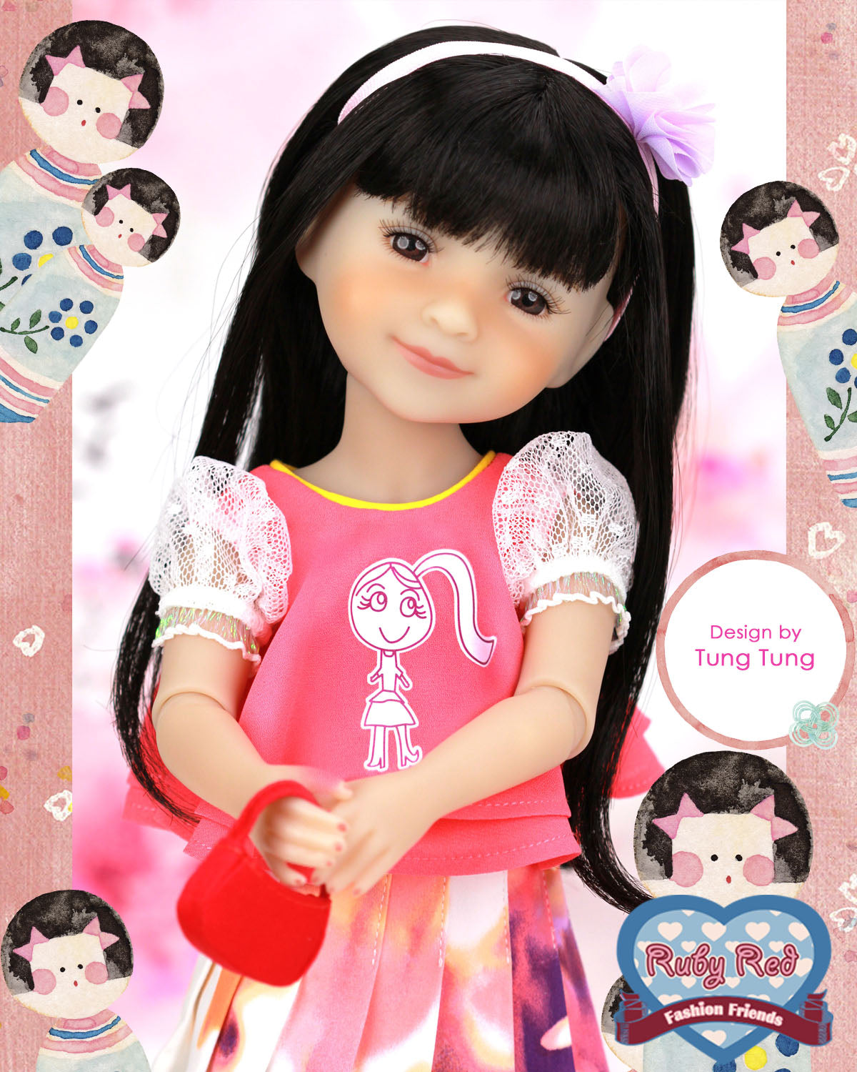 Doll with pink outfit and red handbag on a decorative background
