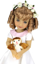 Doll with floral headband holding a smaller doll on a white background