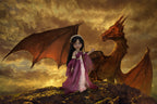 Girl in a purple dress standing next to a dragon against a dramatic sky.