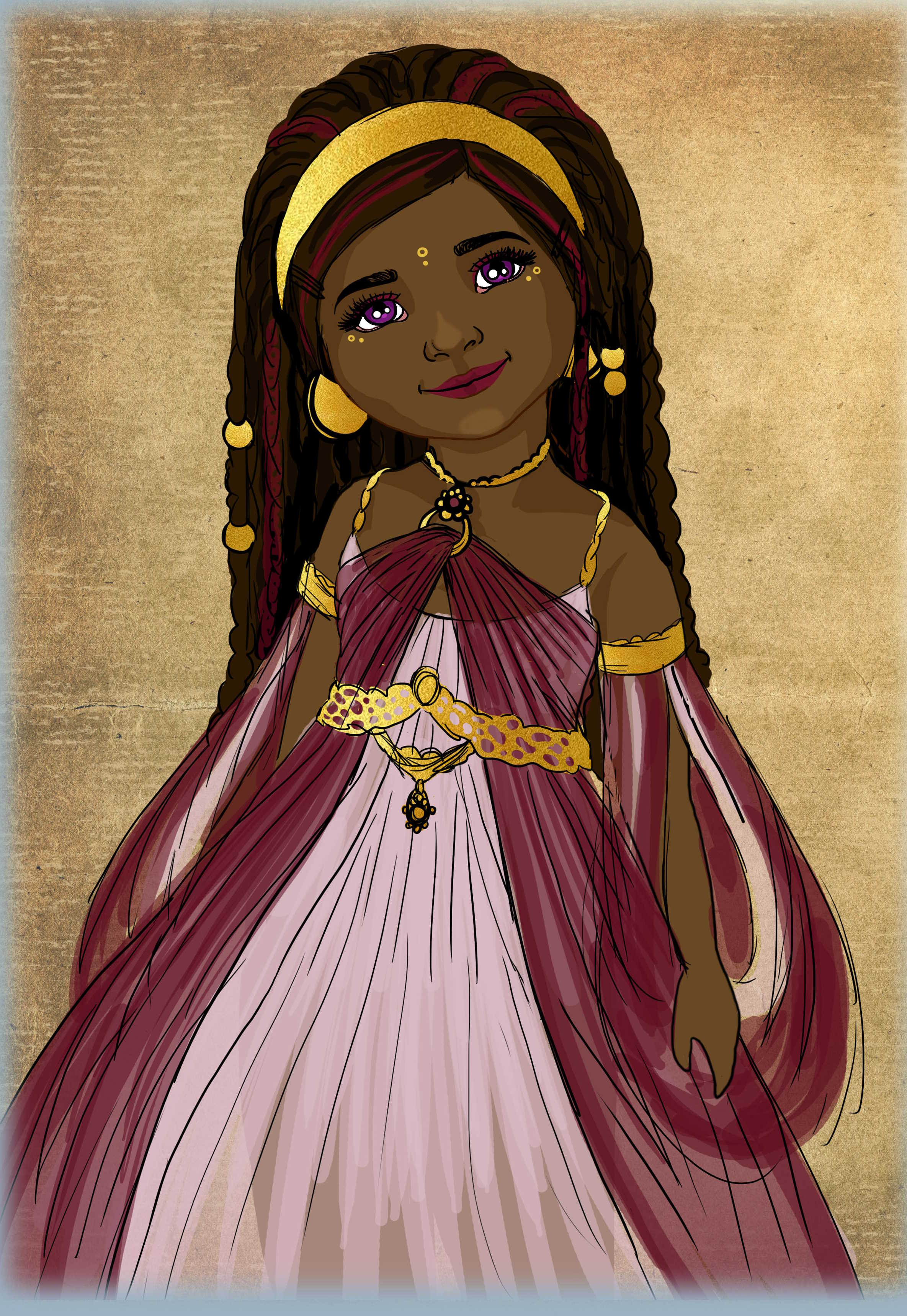 Illustration of a woman in a traditional outfit with gold jewelry on a beige background