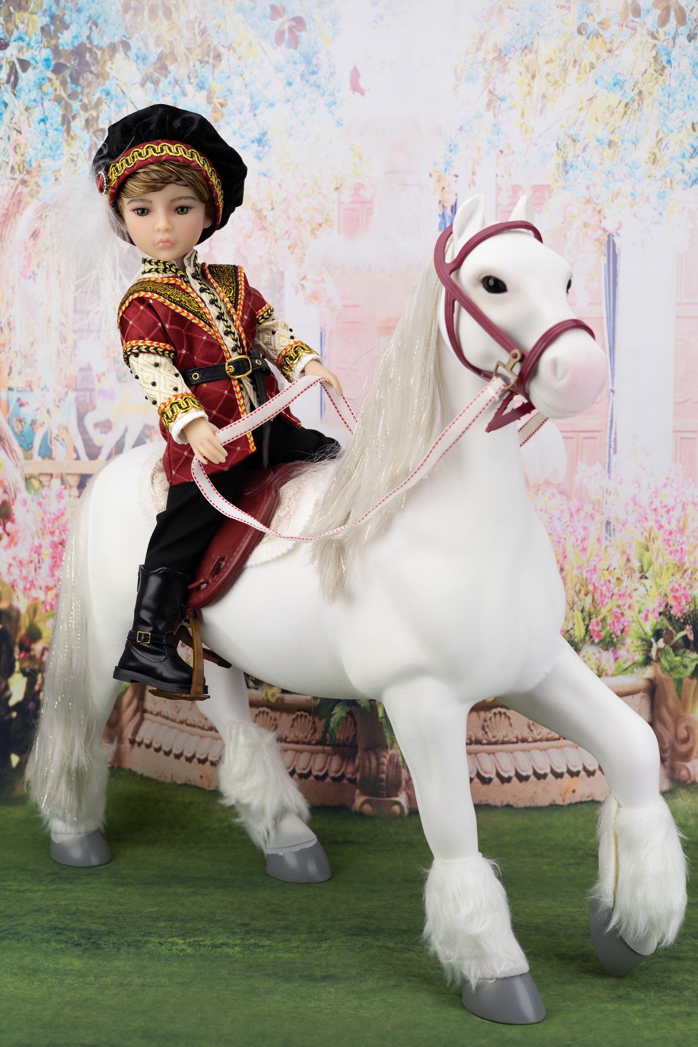 Doll in a rider outfit sitting on a white horse with a colorful background