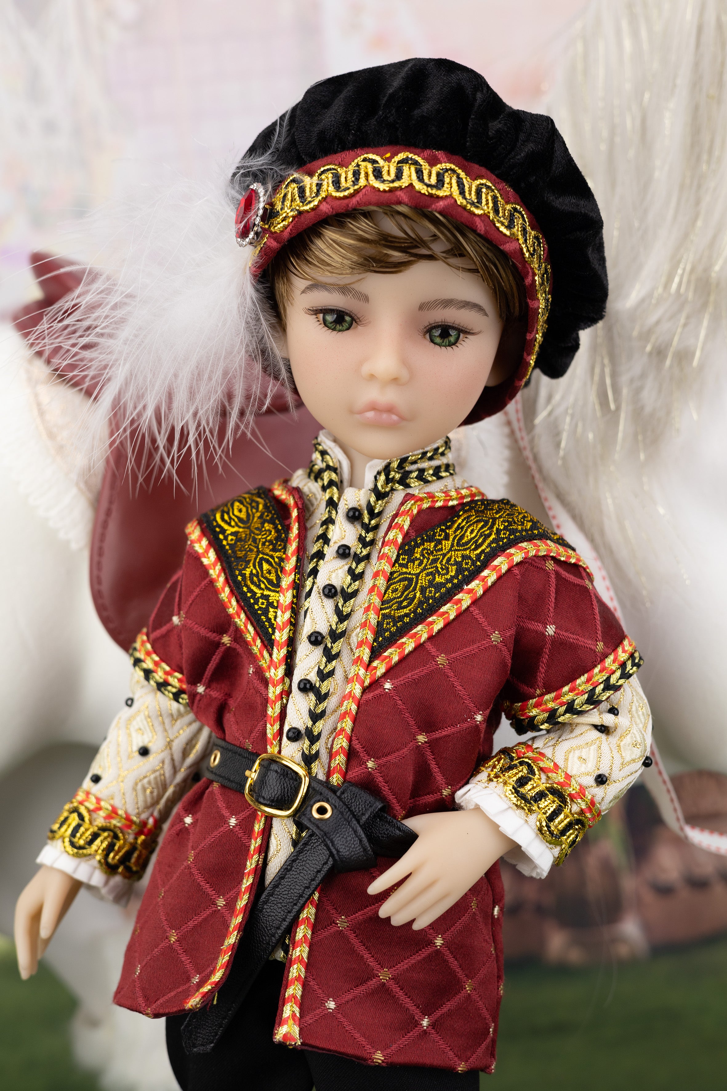 Doll in a detailed outfit with red and gold colors on a neutral background