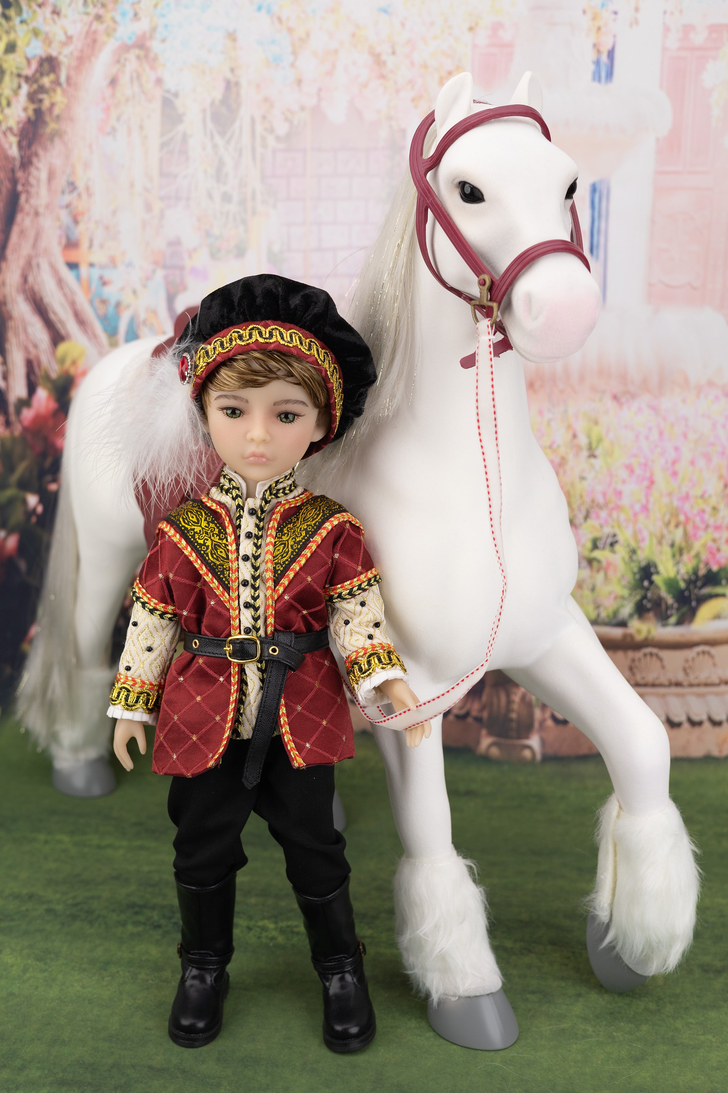 Doll in traditional outfit with a white horse against a decorative background