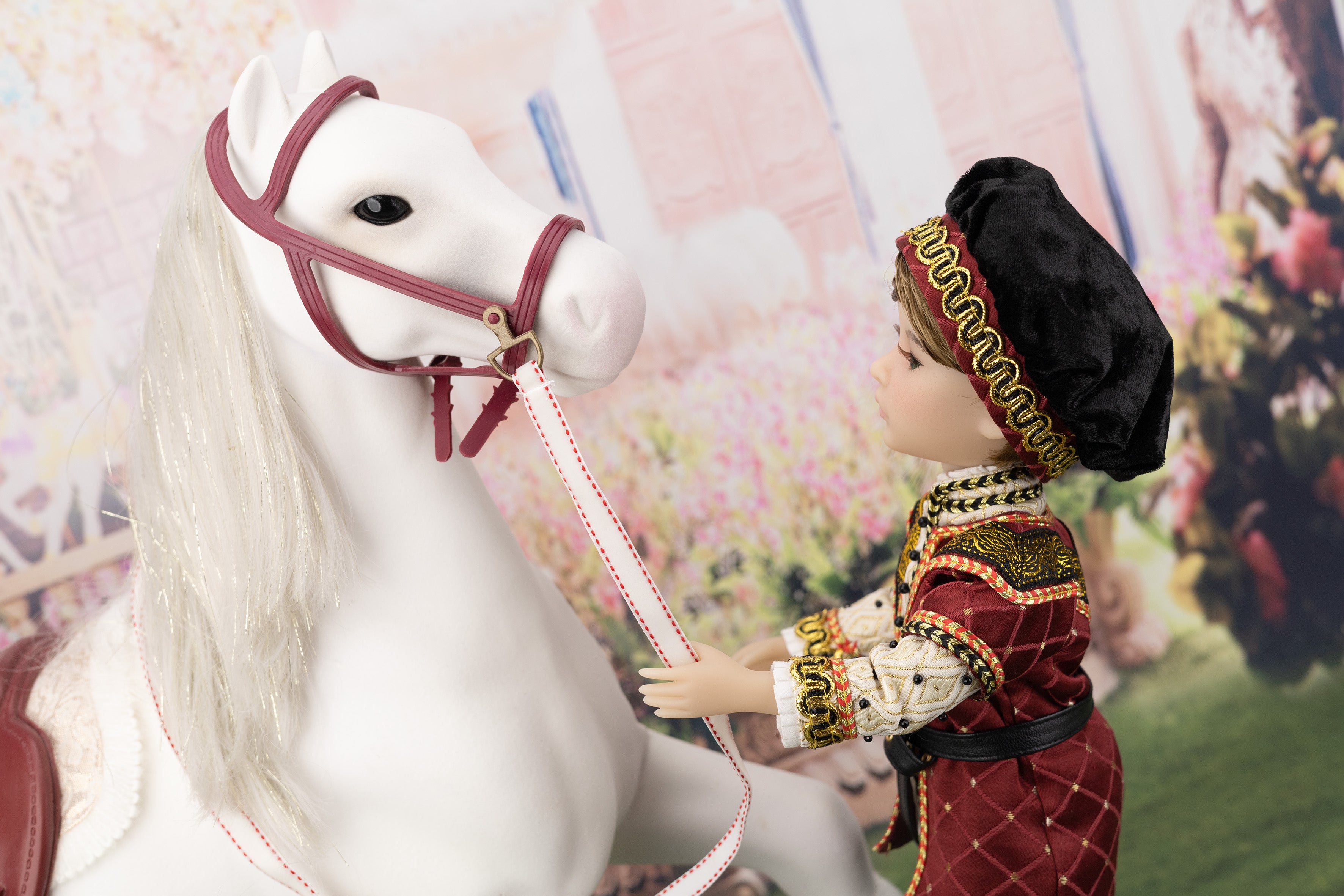 Doll in historical attire holding a white horse with a scenic background
