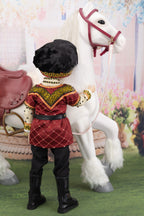 Doll in a red outfit standing next to a white horse with a decorated background