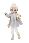 Doll wearing a gray textured jacket, white pants, and beige boots on a white background