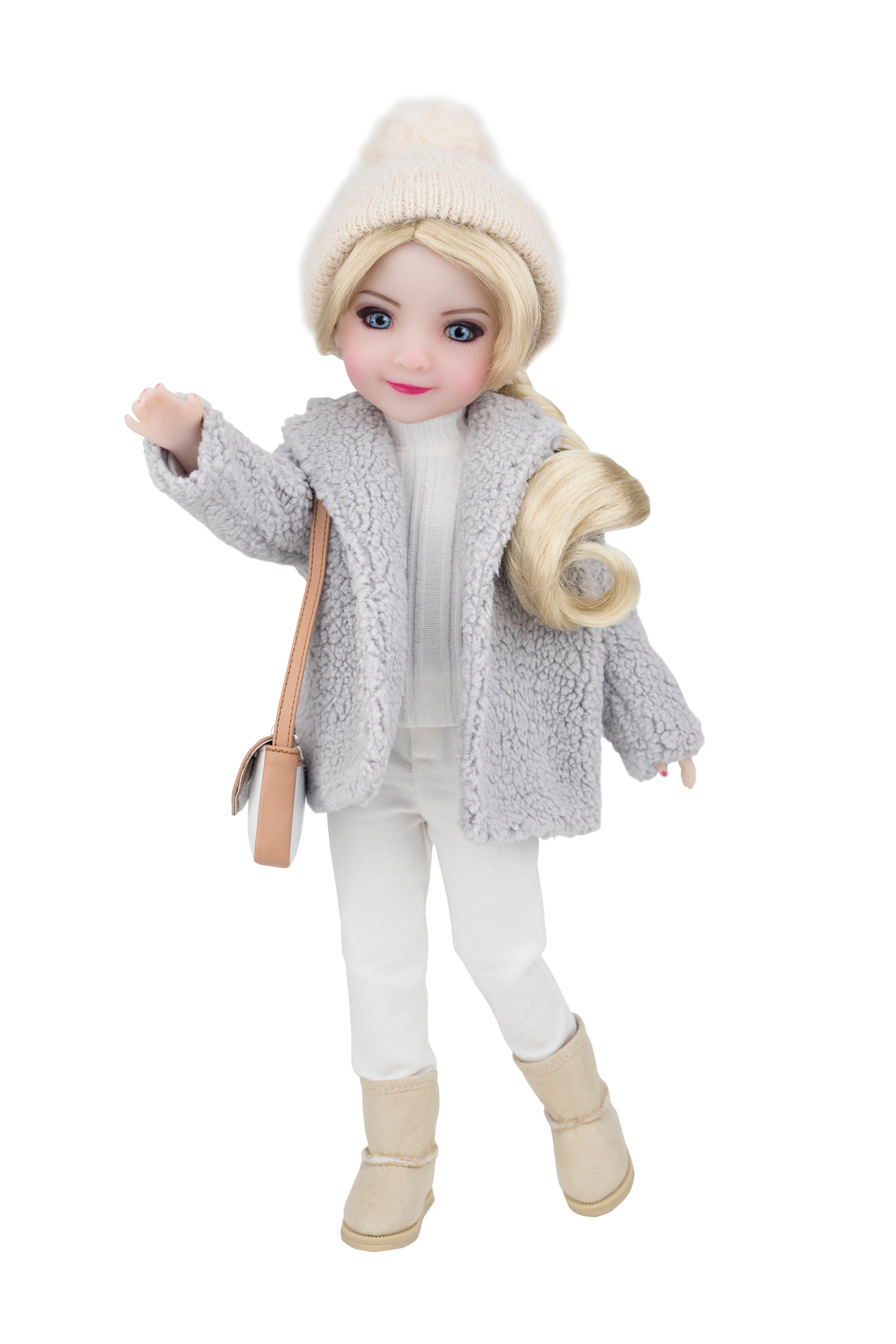 Doll wearing a gray textured jacket, white pants, and beige boots on a white background