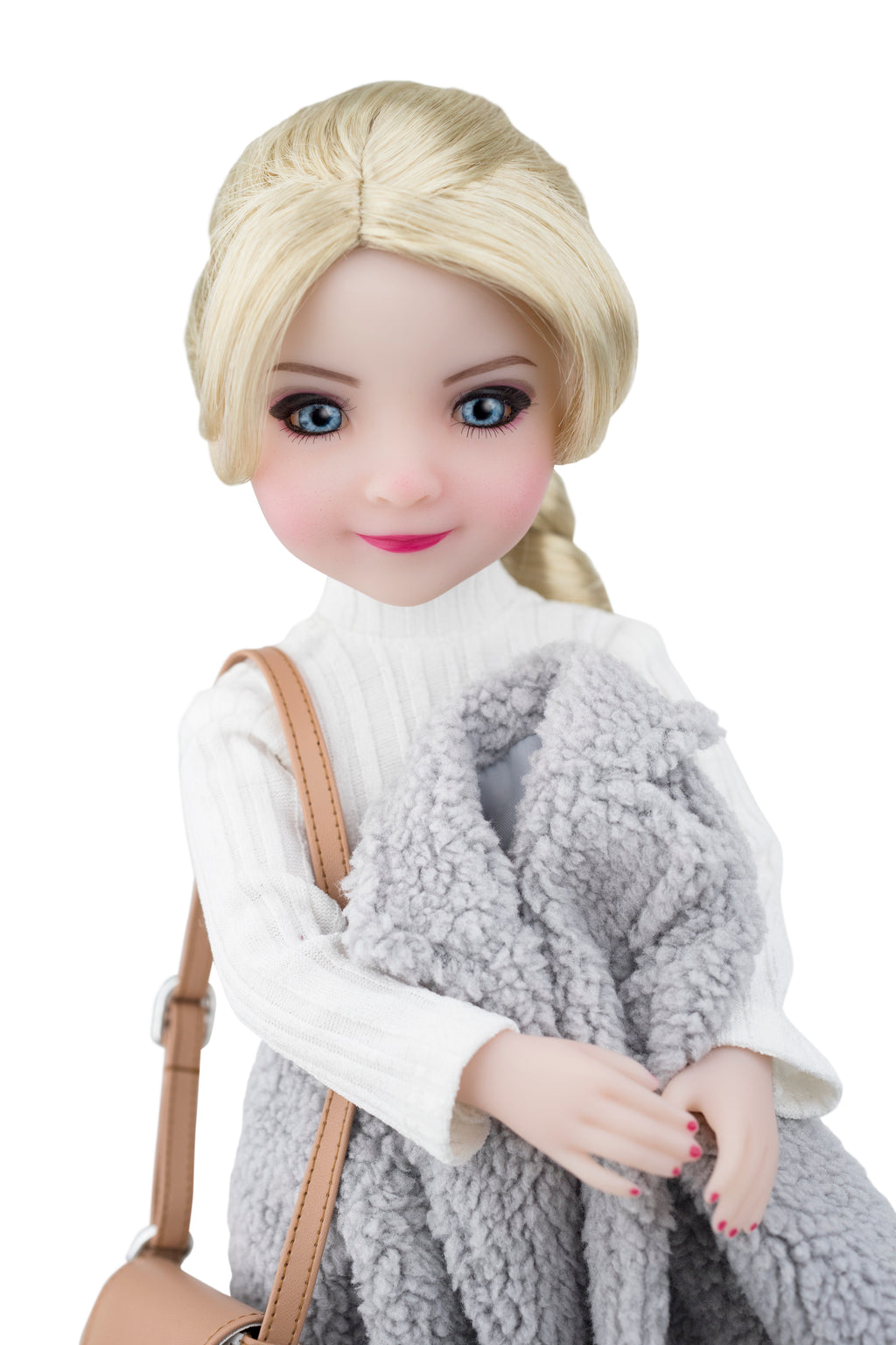 Doll with blonde hair, white sweater, and gray scarf holding a brown bag on a white background