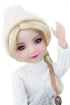 Doll with blonde hair and blue eyes wearing a white outfit and beige hat.