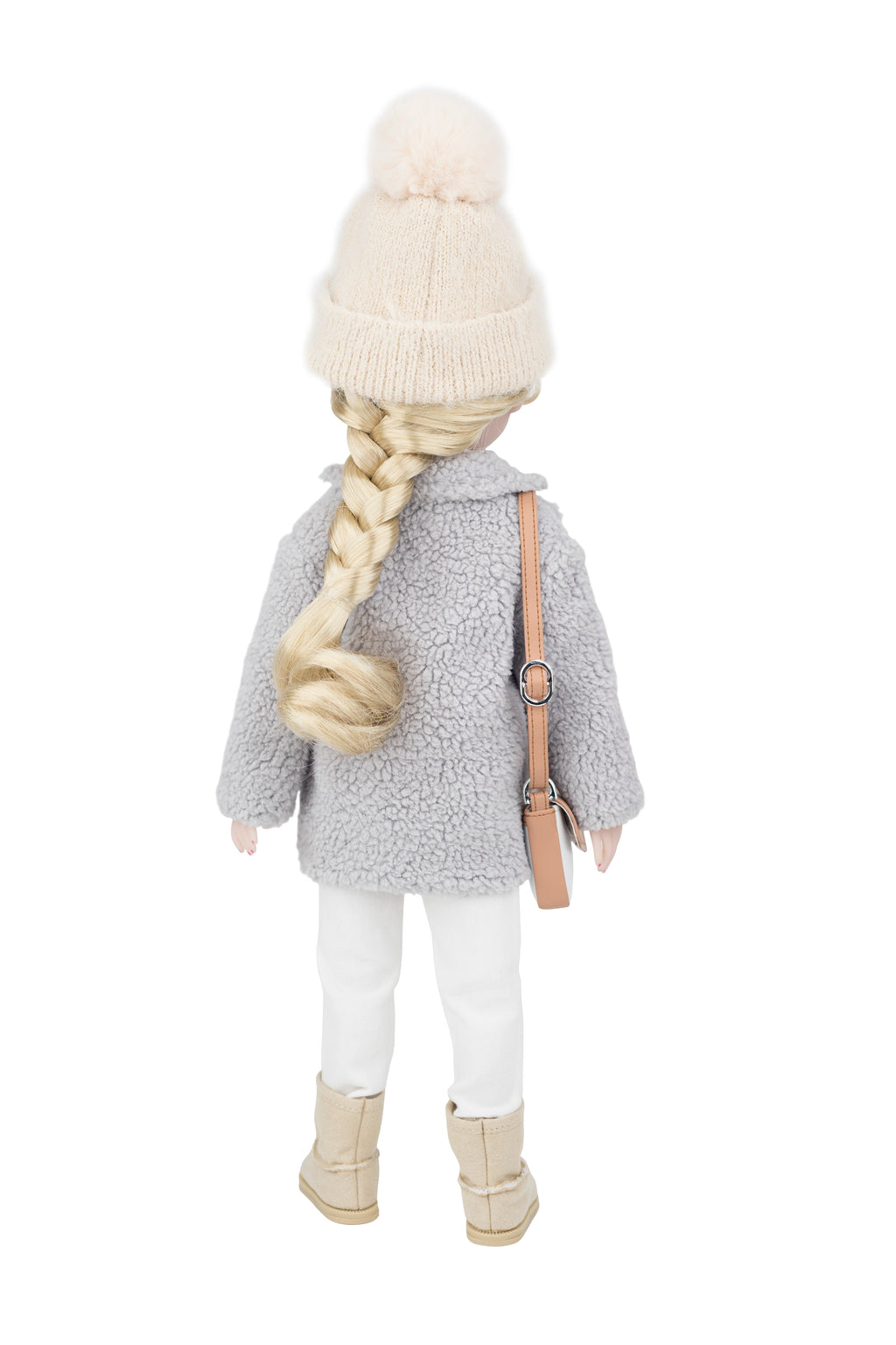 Person wearing a gray coat, white pants, beige boots, and a cream knit hat on a white background